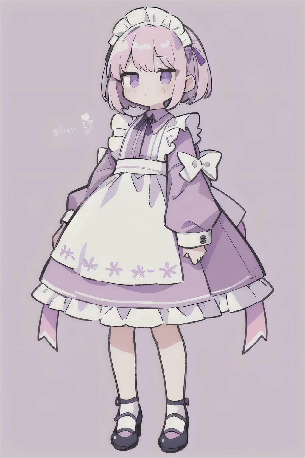 masterpiece, highest quality,super high quality, 1 female,simple background,maid,Large-sized outerwear,beautiful line drawing,delicate line drawing,whole body,Standing picture,pink,purple,pastel colour