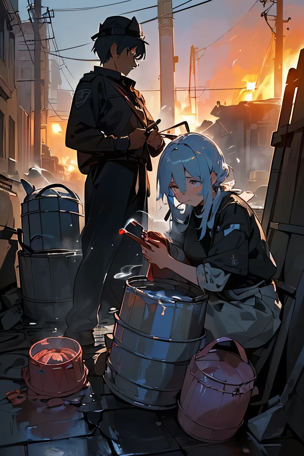 ((A sitting in the street feeling cold crying, teary hinged eyes, sadness cute face)), the background of ((a burnt flat ruined and an ambulance, ((police people turning to extinguish the fire with water buckets, night, police lights, smoke outside the destroyed house, flames)), no cross eye, detailed eyes, holding scrap metal, no negative