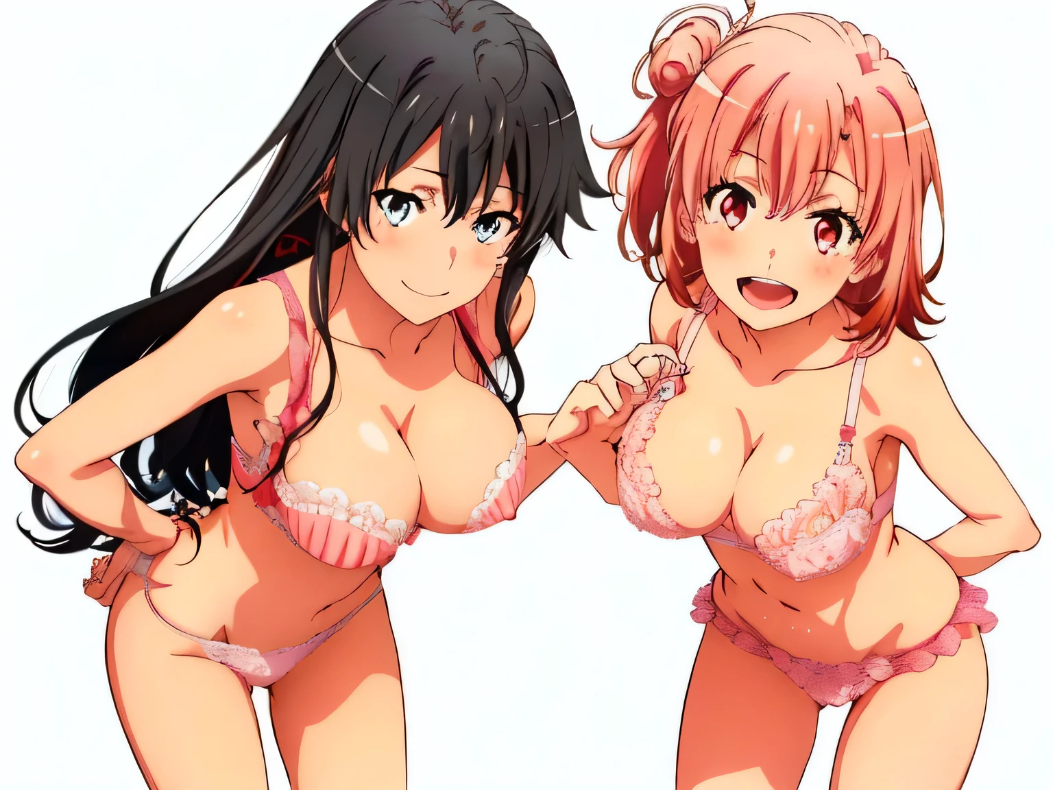 2 girls , (yuigahama yui is bust and thighs are great),(Yukinoshita Yukino),In underwear,they have their hands behind their backs,(Bra with nipple bulge line),(Her bra comes off and you can see her beautiful pink nipples....),belly button,,(white lace panties:1.0),(light pink panties:1.0),Ribbon on panties,(thighs),knees,((high angle)),(beautiful eyes),look at the camera,open your mouth,smile,Insert your head