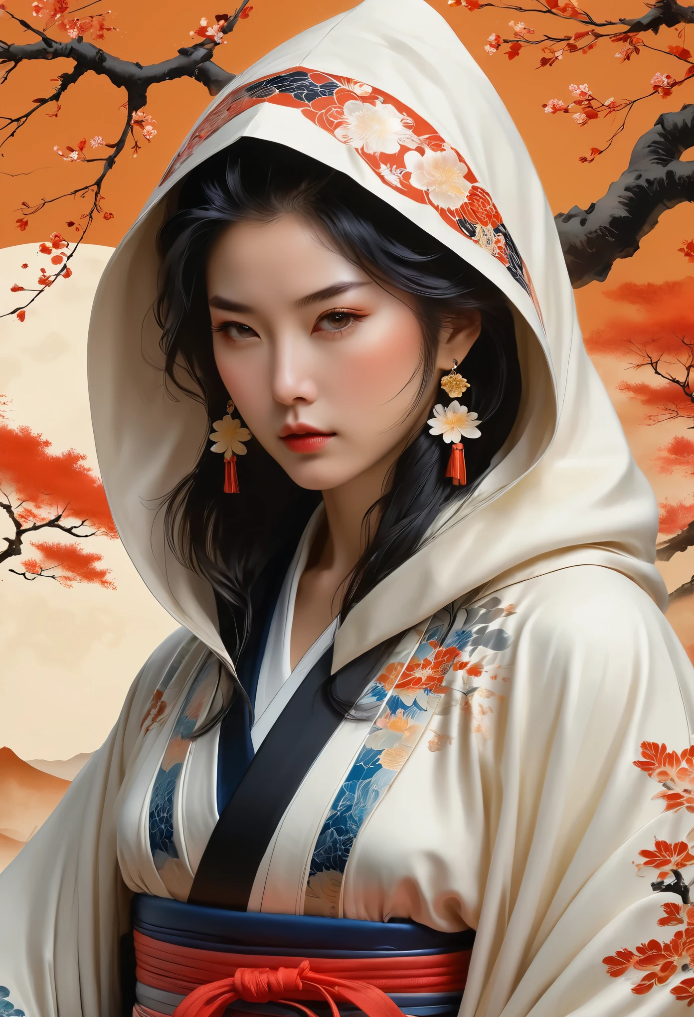 ((Extremely detailed CG unit 8k wallpaper, Masterpiece, high resolution, top quality, top qualityのリアルテクスチャスキン)), (a very beautiful woman, upper part of body, hands in pockets:1.5, Japanese style short outer box:1.2, hooded cloak,Pants), (A black-haired one, messy hair, white skinned), ((Colored background design, Japanese pattern background, warm color)), (Surreal, Digital painting),