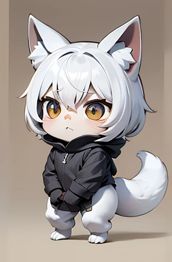 (((Animals,white monster, Chibi))), Sad face, Animals, fox head, wolf carcass, owl back wing, tail snake, four legs