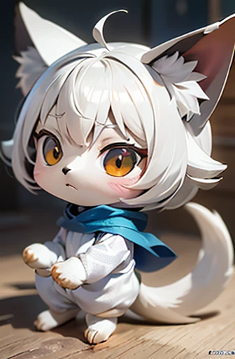 (((Animals,white monster, Chibi))), Sad face, Animals, fox head, wolf carcass, owl back wing, tail snake, four legs