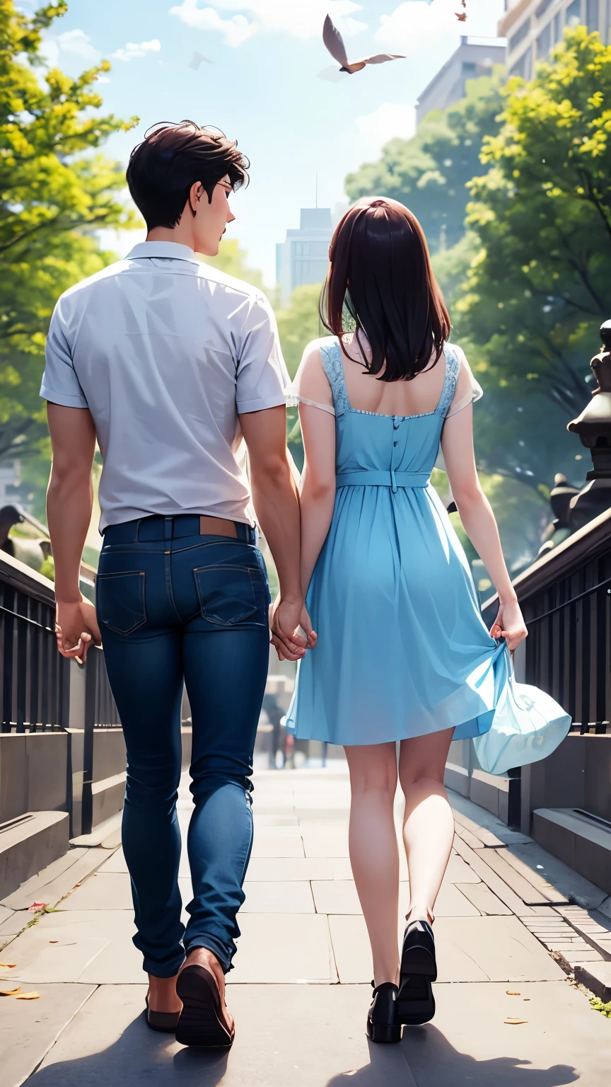 A refreshing young man and woman couple are standing holding hands, back view, clean clothes, men wear shirts and jeans、women wear neat dresses, Beautiful park background, Several pigeons are flying in the background