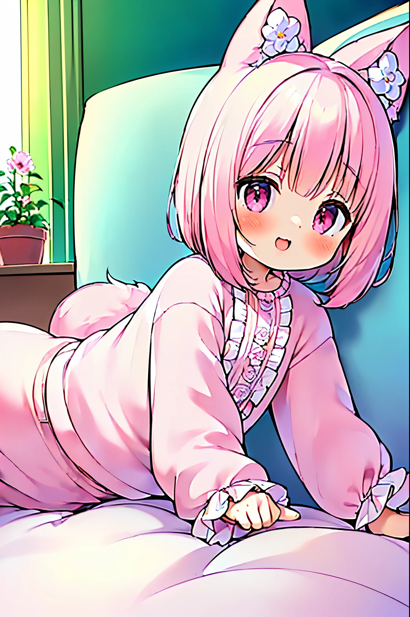 (((masterpiece))), (((最high quality))), (((high quality))), (((beautiful))), (((8K))), (((High resolution)) (((超High resolution))), (((High resolution))), (child:1.5), (Loli:1.4), (pink short hair:1.3), (pink hair ribbon:1.4), (Pink fox tail:1.4), (Pink fox tail:1.2), pink fox ears and white tips, (pink eyes), (theme pink color:1.4), small breasts, Super cute light pink pajamas, long sleeve, (long pants:1.3), (pure white frills:1.2), (so many flower decorations:1.4), (Super Cute Pose:1.2), slouch, look up, From the side, (bedroom:1.2), (lying down), laughing:1.2), (flower pot:1.3)