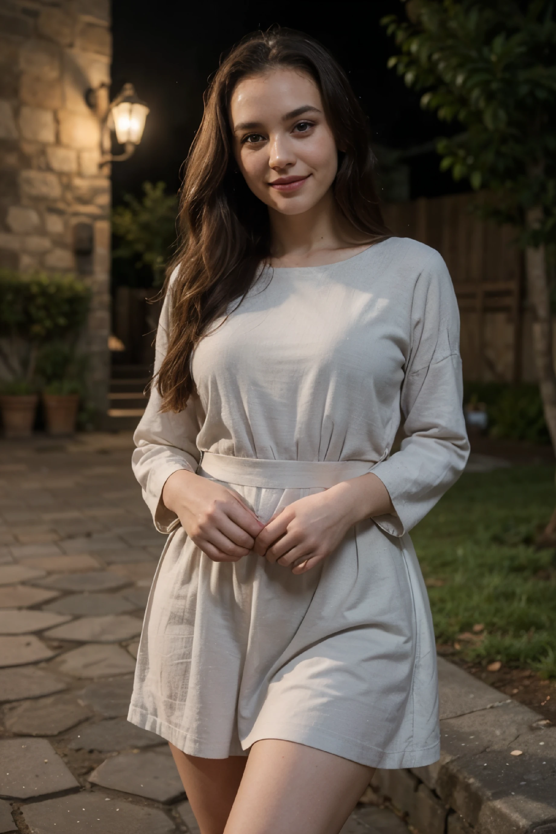 (best quality:1.5, UHD, 4K, detailed lighting, shaders, HDR, very  realistic), 25years, european,  very detailed, high resolution, very realistic, brunette wavy long hair, forehead, big hips, nice grey dress ( fully covered, traditional dressing), modest clothing , smiling, blushing:1.5, standing, pov, night, outdoor (one image while standing and the other while sitting and thinking)