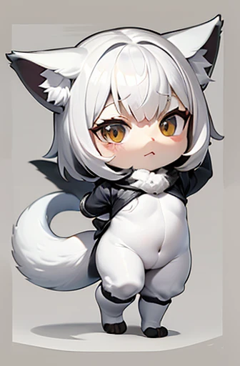 (((Animals,white monster, Chibi))), Sad face, Animals, fox head, wolf carcass, owl back wing, tail snake, four legs