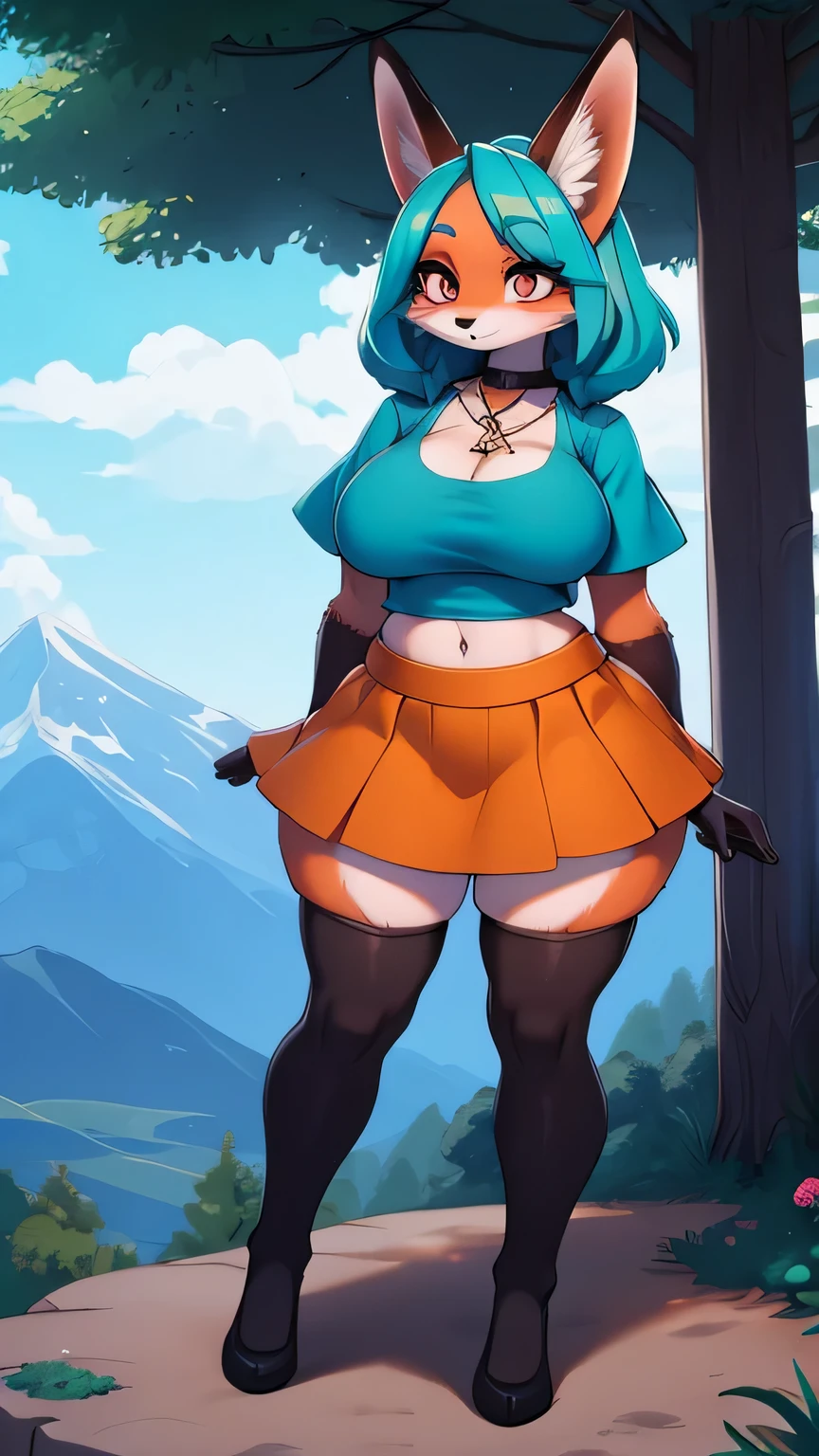cuerpo completo, matilde, matildefox, (Brown eyes), una cola de zorro, (Top corto color cian), zorro antropomorfo, en un bosque, Obra maestra, fotorrealista, cinematic lighting, sombreado, super detailed skin, ((hermosos ojos )), (minifalda color naranja), 8K, (Mejor calidad, obra maestra:1.1), parte superior del cuerpo, arms behind the back, (1mujer), (solo:0.8), (MILF, maduro), con curvas, Preciosos pechos grandes, cara feliz, Makeup application, Ojo MARRONES, por cyan, pelo muy corto, por el WAVY, (( valle nevado, campo, Arboles congelados, mountains), ((Elegante, Elegante world:1.3),