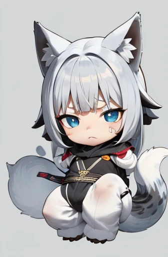 (((Animals,white monster, Chibi))), Sad face, Animals, fox head, wolf carcass, owl back wing, tail snake, four legs