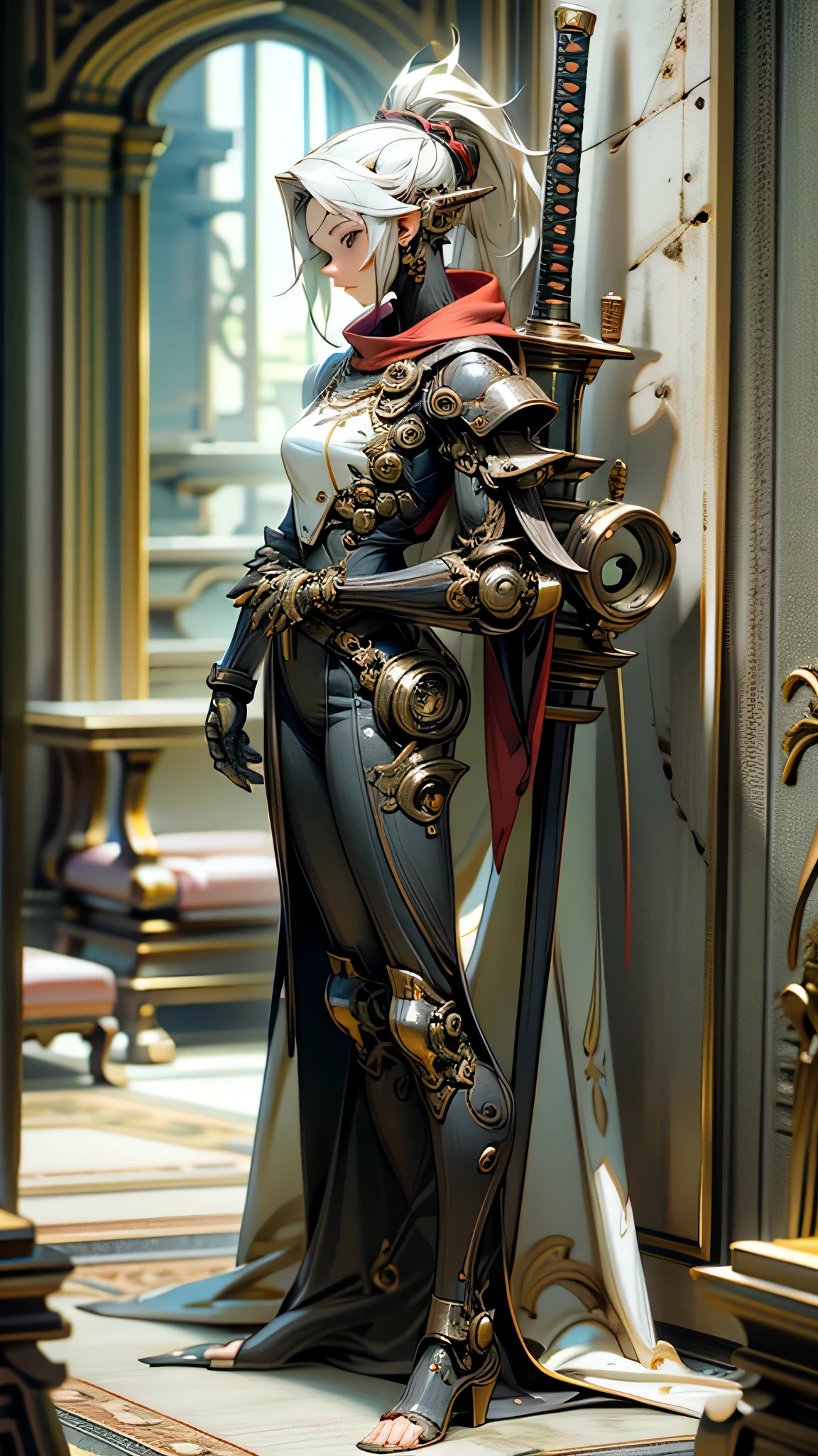 A woman kneeling on one knee with a sword in her hand, very beautiful cyberpunk samurai, she is holding a katana sword, pulling the katana out of its sheath, she is holding a sword, Korean polearm ornate back decoration, realistic 3D anime style, cgsociety 9,2.5D cgi anime fantasy artwork, realistic 3 d anime.pose beautiful.redAssassin.Standing and sitting with hands on knees, carrying sword on shoulder.(Standing with arms crossed over chest, back to wall).white hair.
