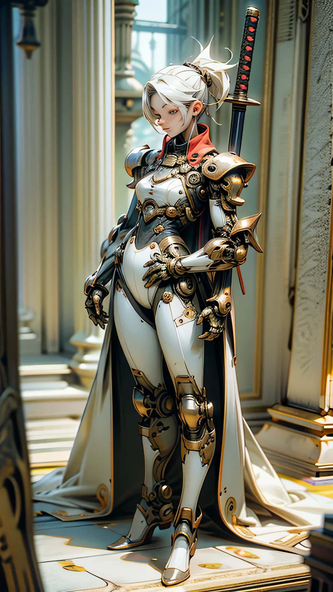 A woman kneeling on one knee with a sword in her hand, very beautiful cyberpunk samurai, she is holding a katana sword, pulling the katana out of its sheath, she is holding a sword, Korean polearm ornate back decoration, realistic 3D anime style, cgsociety 9,2.5D cgi anime fantasy artwork, realistic 3 d anime.pose beautiful.redAssassin.Standing and sitting with hands on knees, carrying sword on shoulder.(Standing with arms crossed over chest, back to wall).white hair.