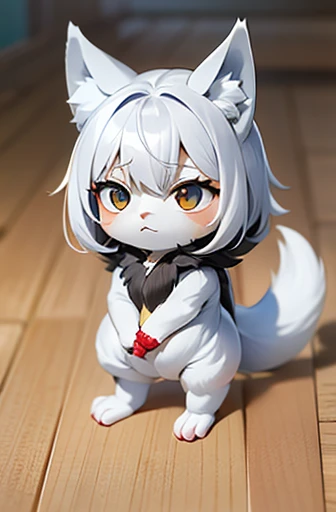 (((Animals,white monster, Chibi))), Sad face, Animals, fox head, wolf carcass, owl back wing, tail snake, four legs