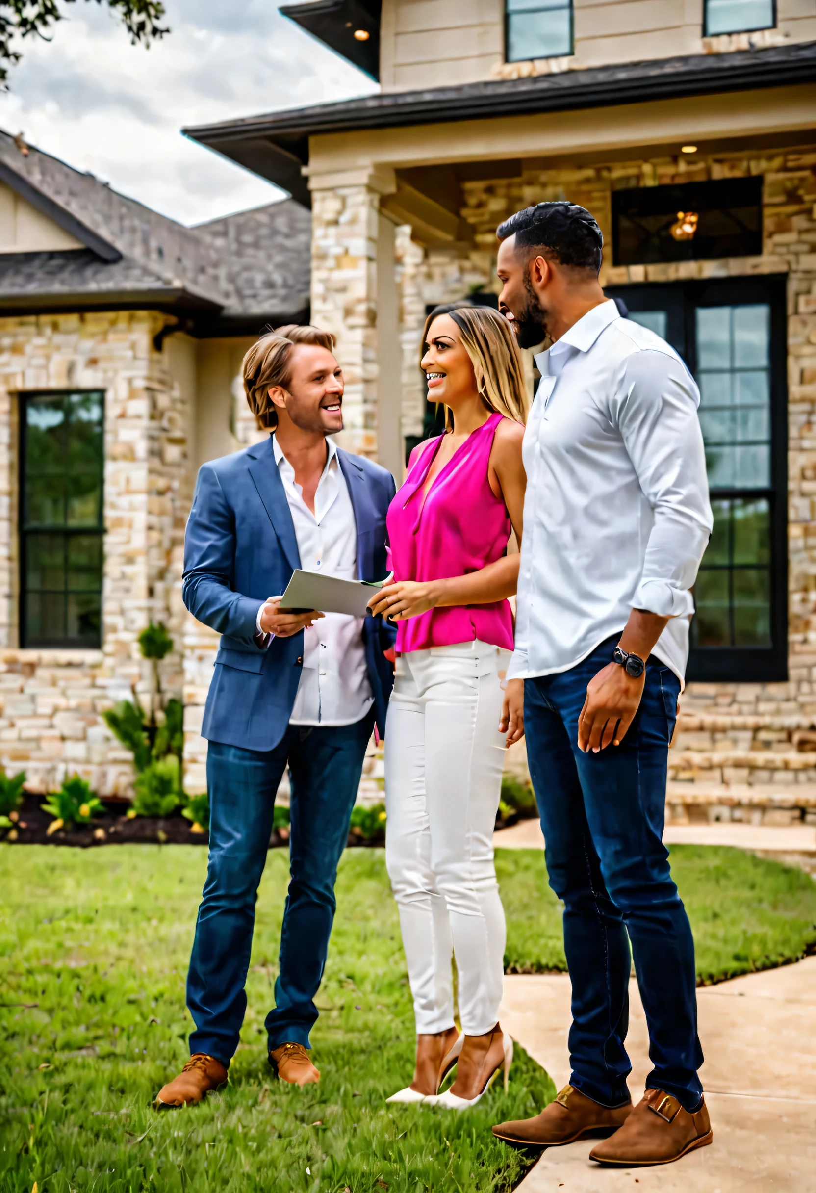 A gorgeous woman and handsome man talk with a gorgeous realtor about their options for buying the beautiful home outside the front of a nice North Texas home in the background, natural light, vivid colors, highly detailed, cinematic, bright dark colors, elaborate white style, trends on youtube, sharp focus, studio photo, intricate details, highly detailed, by Chris Maley