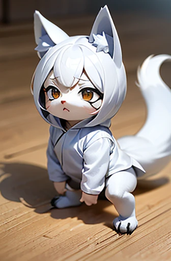 (((Animals,white monster, Chibi))), Sad face, Animals, fox head, wolf carcass, owl back wing, tail snake, four legs