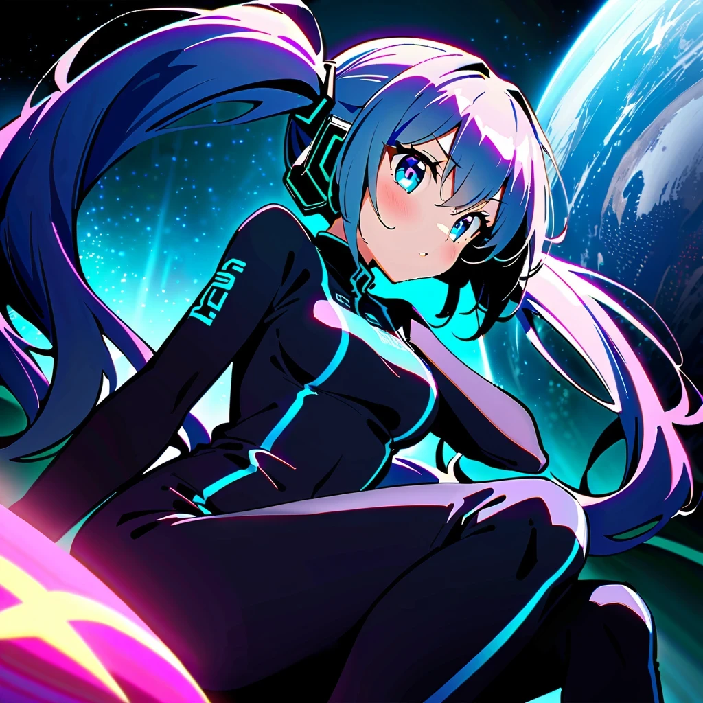 masterpiece，4K，UFO art style，Pixiv Contest Winner Element，Hatsune Miku&#39;Scenes，Long silver hair，Wearing alternating black and purple clothes，glowing with an enigmatic aura，Lying on an alien planet，The background is a glowing sphere，Create a zero-gravity atmosphere at night，Fusion of celestial and cosmic elements，Enhance the sense of science fiction and the future。