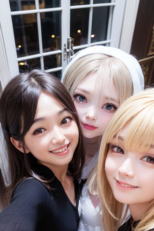 (4 smiling people)、(((indoor)))、(((There's a demon with a pale face outside the window)))