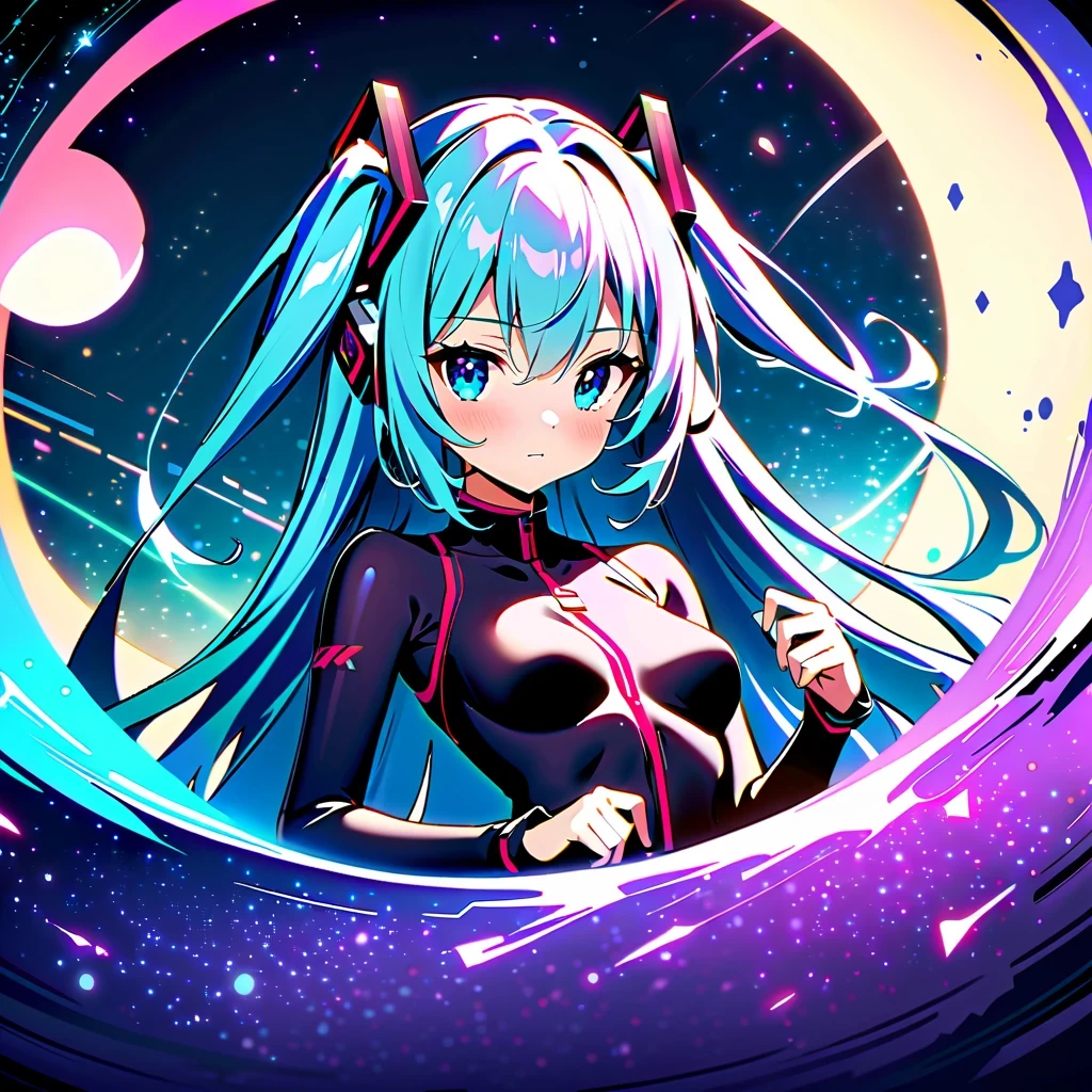 masterpiece，4K，UFO art style，Pixiv Contest Winner Element，Hatsune Miku&#39;Scenes，Long silver hair，Wearing alternating black and purple clothes，glowing with an enigmatic aura，Lying on an alien planet，The background is a glowing sphere，Create a zero-gravity atmosphere at night，Fusion of celestial and cosmic elements，Enhance the sense of science fiction and the future。