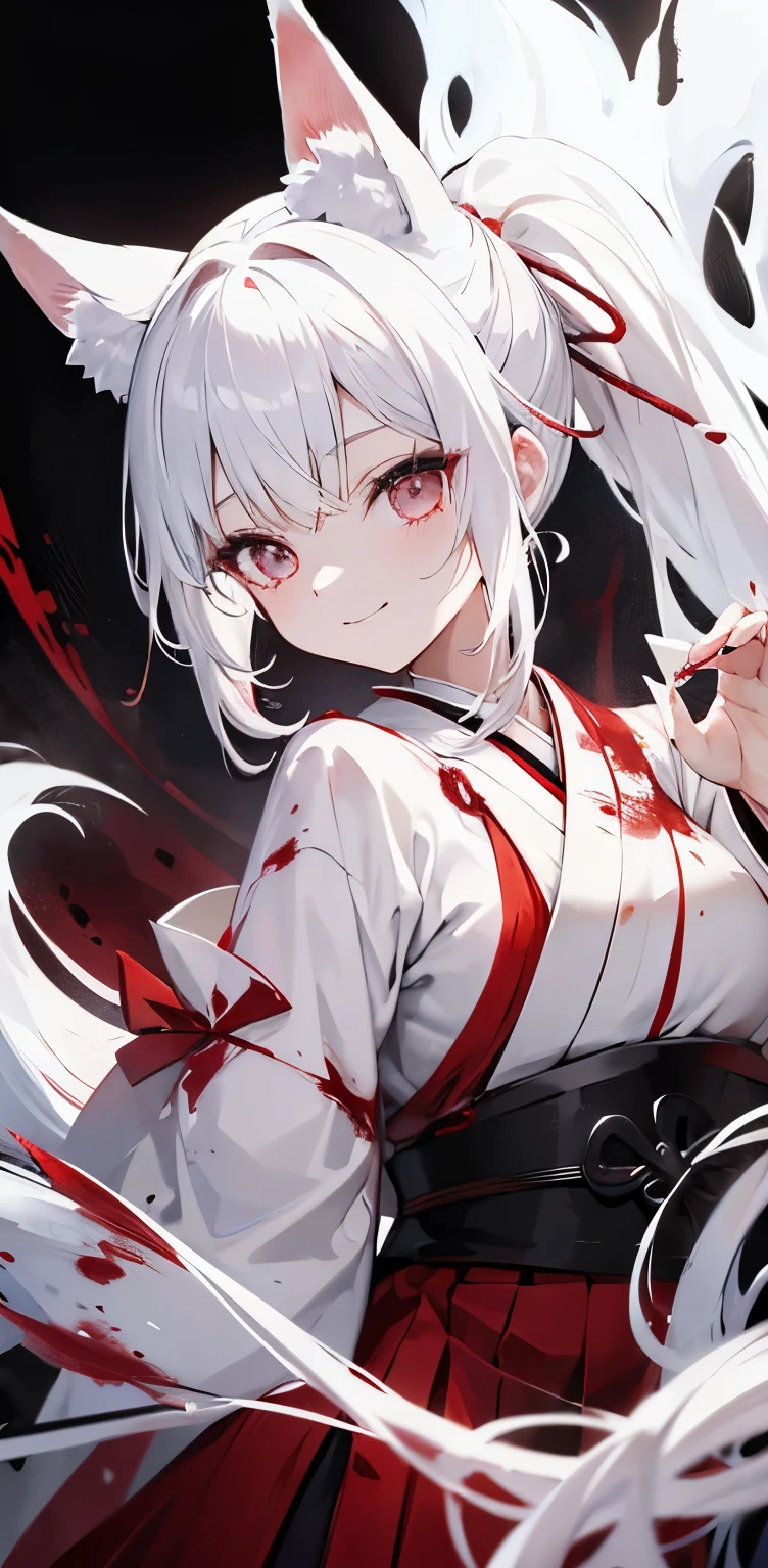 Pure white hair,teens girl,Blood red eyes, white eyes,The arms were covered with scarlet eyes,Hold the handle of a knife in your hand,There are many knives on the knives,The left sleeve is torn,Japan kimono,The background is in the middle of the wind and snow,4K,dingdall effect,Light intensification,Poster style,A high resolution