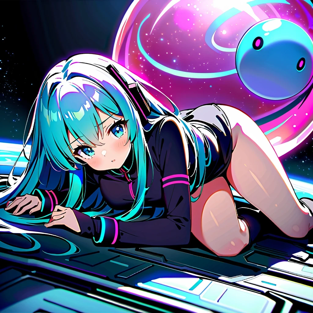 masterpiece，4K，UFO art style，Pixiv Contest Winner Element，Hatsune Miku&#39;Scenes，Long silver hair，Wearing alternating black and purple clothes，glowing with an enigmatic aura，Lying on an alien planet，The background is a glowing sphere，Create a zero-gravity atmosphere at night，Fusion of celestial and cosmic elements，Enhance the sense of science fiction and the future。