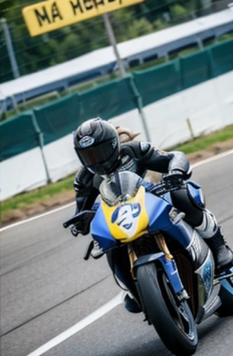 road, motorcycle, laughing, side ponytail, (A woman in a racing suit riding a racer replica motorcycle:1.1), japanese, side view, birds-eye view, dutch angle shot