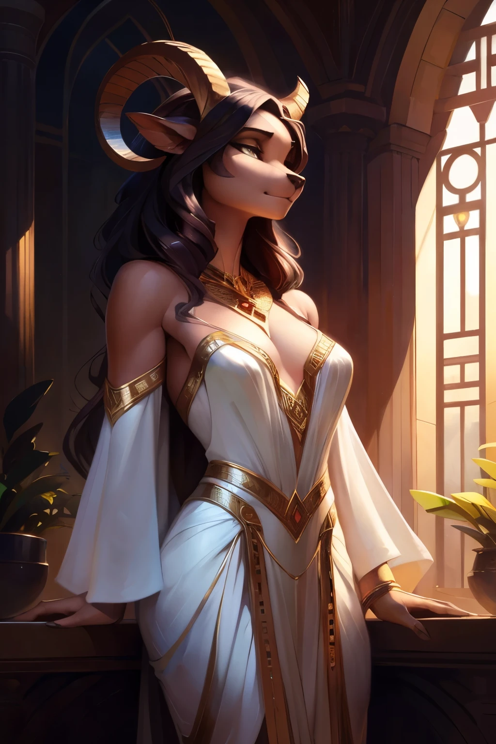 A stunning Greek goddess, adorned in intricately crafted bronze accessories and draped in feminine white robes, poses for an enchanting solo anthro portrait. This alluring furry ram girl image, uploaded on e621, is brought to life by the magical brush of Pixelsketcher. A mesmerizing work of art created also by Bayard Wu, Thomas Benjamin Kennington, and Einshelm.

BREAK

The natural goddess's radiant presence is accentuated by the detailed Bonifasko lighting, highlighting her beautiful form. Her graceful, long wavy hair cascades down her shoulders, and her fit body showcases