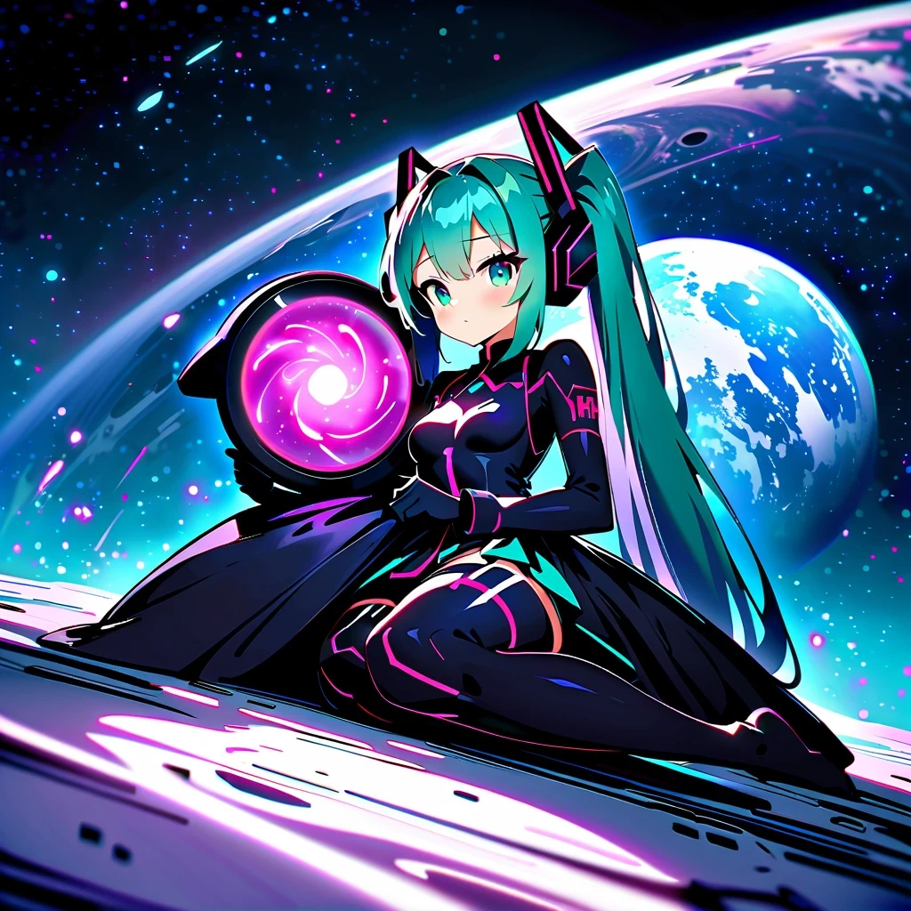 masterpiece，4K，UFO art style，Pixiv Contest Winner Element，Hatsune Miku&#39;Scenes，Long silver hair，Wearing alternating black and purple clothes，glowing with an enigmatic aura，Lying on an alien planet，The background is a glowing sphere，Create a zero-gravity atmosphere at night，Fusion of celestial and cosmic elements，Enhance the sense of science fiction and the future。