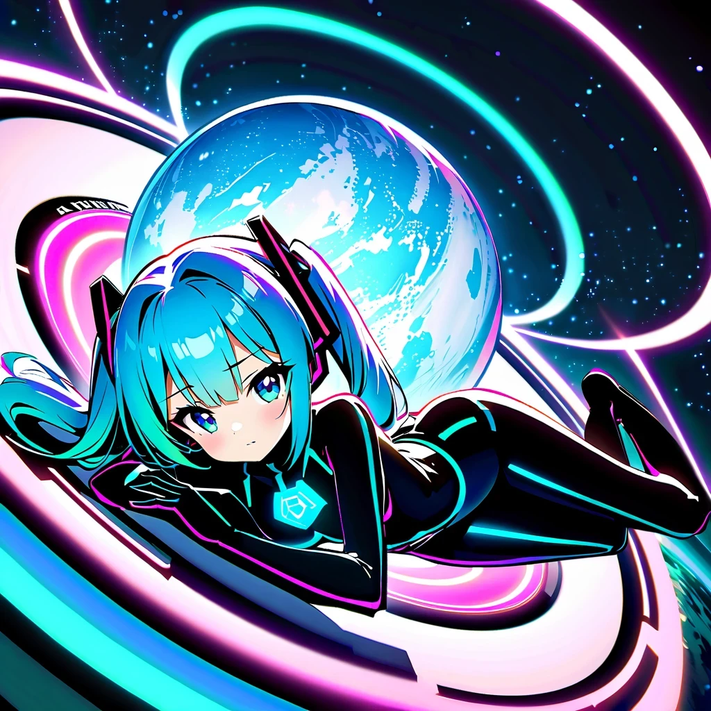 masterpiece，4K，UFO art style，Pixiv Contest Winner Element，Hatsune Miku&#39;Scenes，Long silver hair，Wearing alternating black and purple clothes，glowing with an enigmatic aura，Lying on an alien planet，The background is a glowing sphere，Create a zero-gravity atmosphere at night，Fusion of celestial and cosmic elements，Enhance the sense of science fiction and the future。