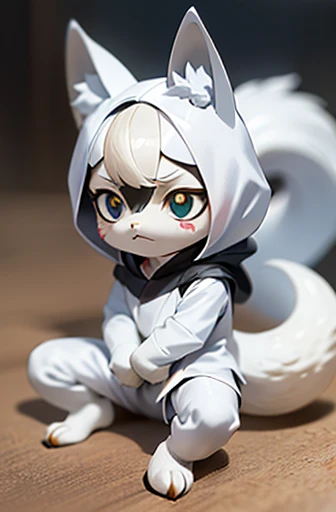 (((Animals,white monster, anime, Chibi))), Sad face, Animals, fox head, wolf carcass, owl back wing, tail snake, four legs