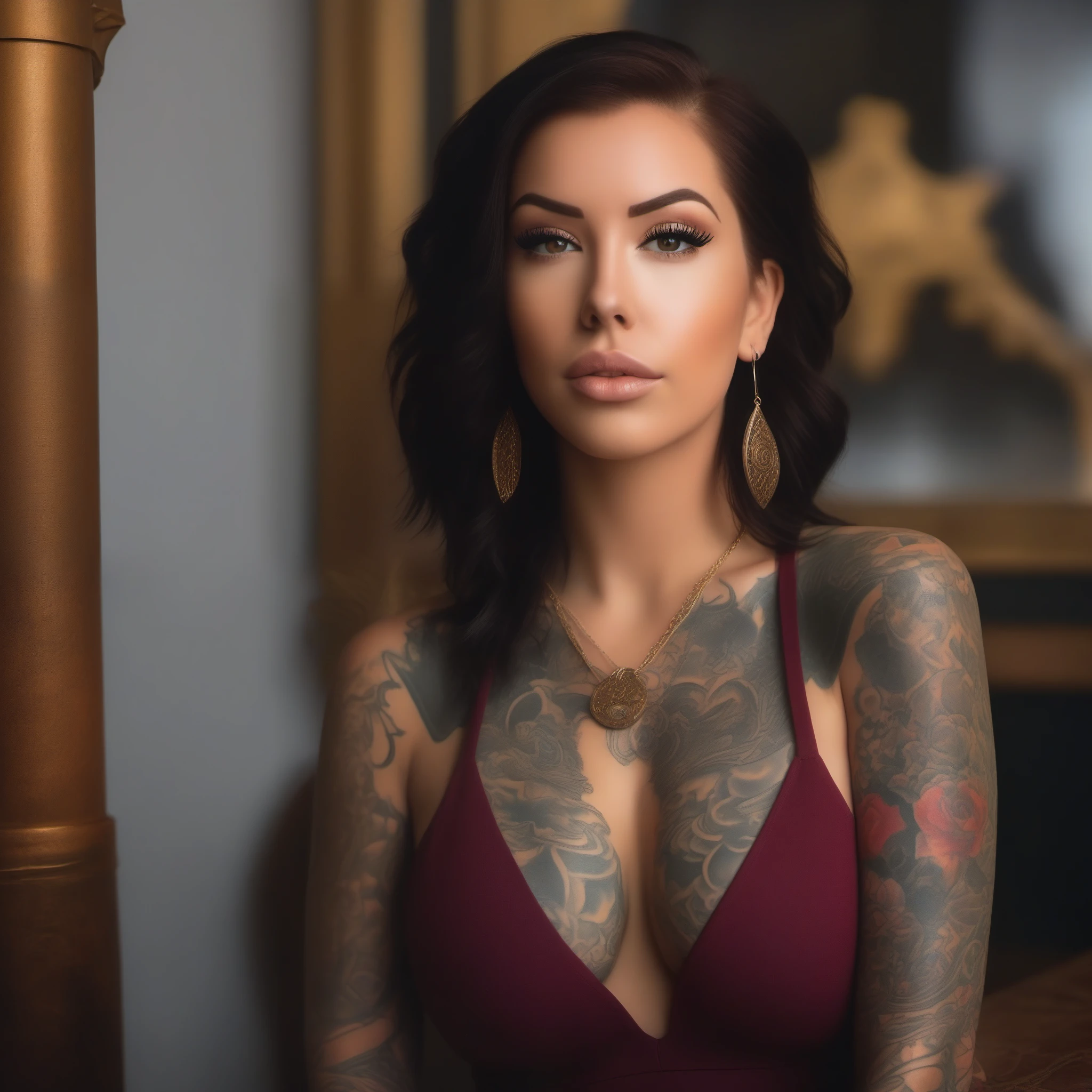 (masterpiece, best quality:1.2), 1girl, Act as a creative director and propose diverse photoshoot scenarios featuring Laurence Bedard in various settings, ensuring her full-body tattoo is prominently displayed in each shot.