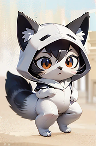 (((Animals,white monster, anime, Chibi))), Sad face, Animals, fox head, wolf carcass, owl back wing, tail snake, four legs