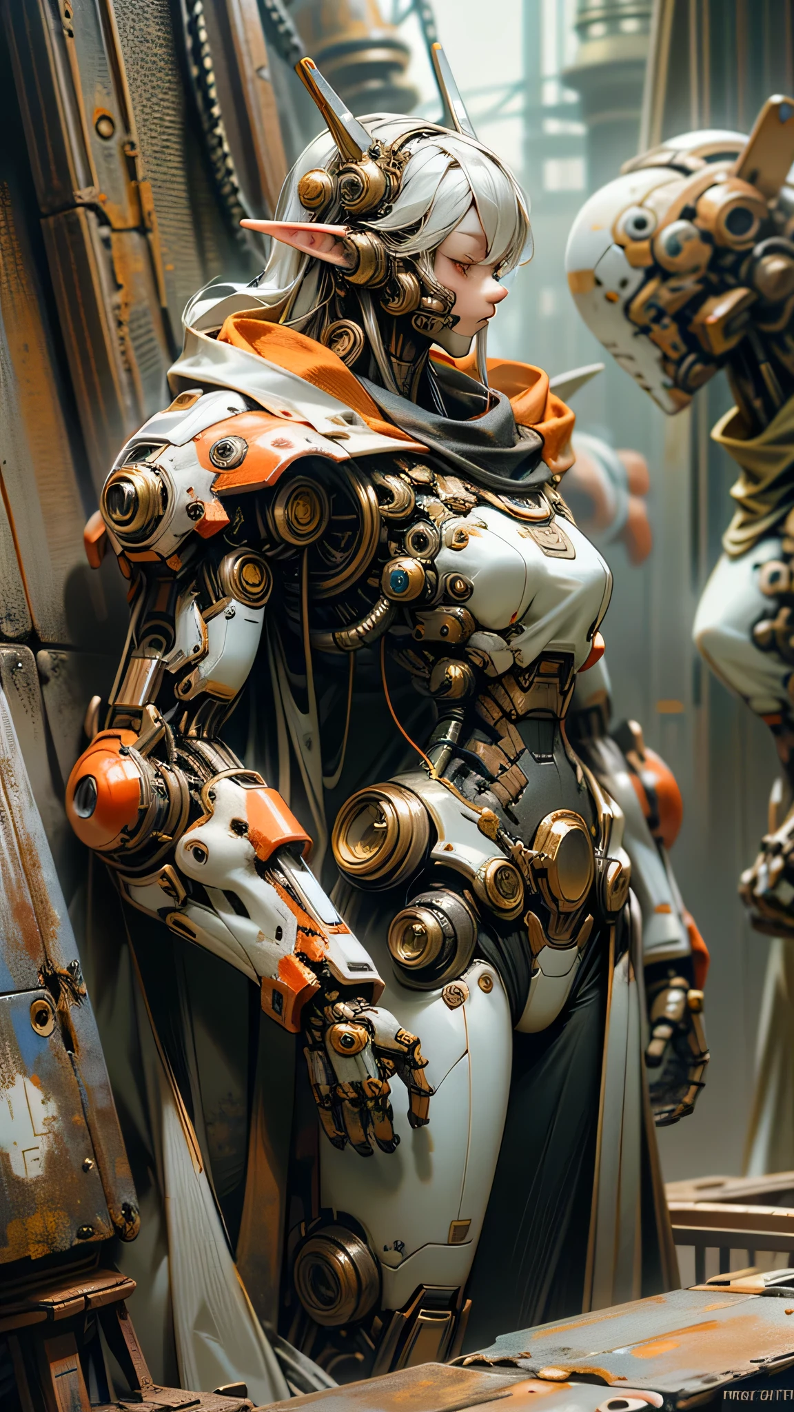 Dark_Fantasy,Cyberpunk,(chain saw,chain saw man,Red:1.1),1man,Mechanical marvel,Robotic presence,Cybernetic guardian, wearing a worn-out mech suit, intricate, (steel metal [rusty]), elegant, clear focus, New Star Ambassador Contest, elven girl , with mecca armor