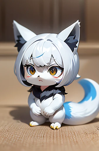 (((Animals,white monster, anime, Chibi))), Sad face, Animals, fox head, wolf carcass, owl back wing, tail snake, four legs