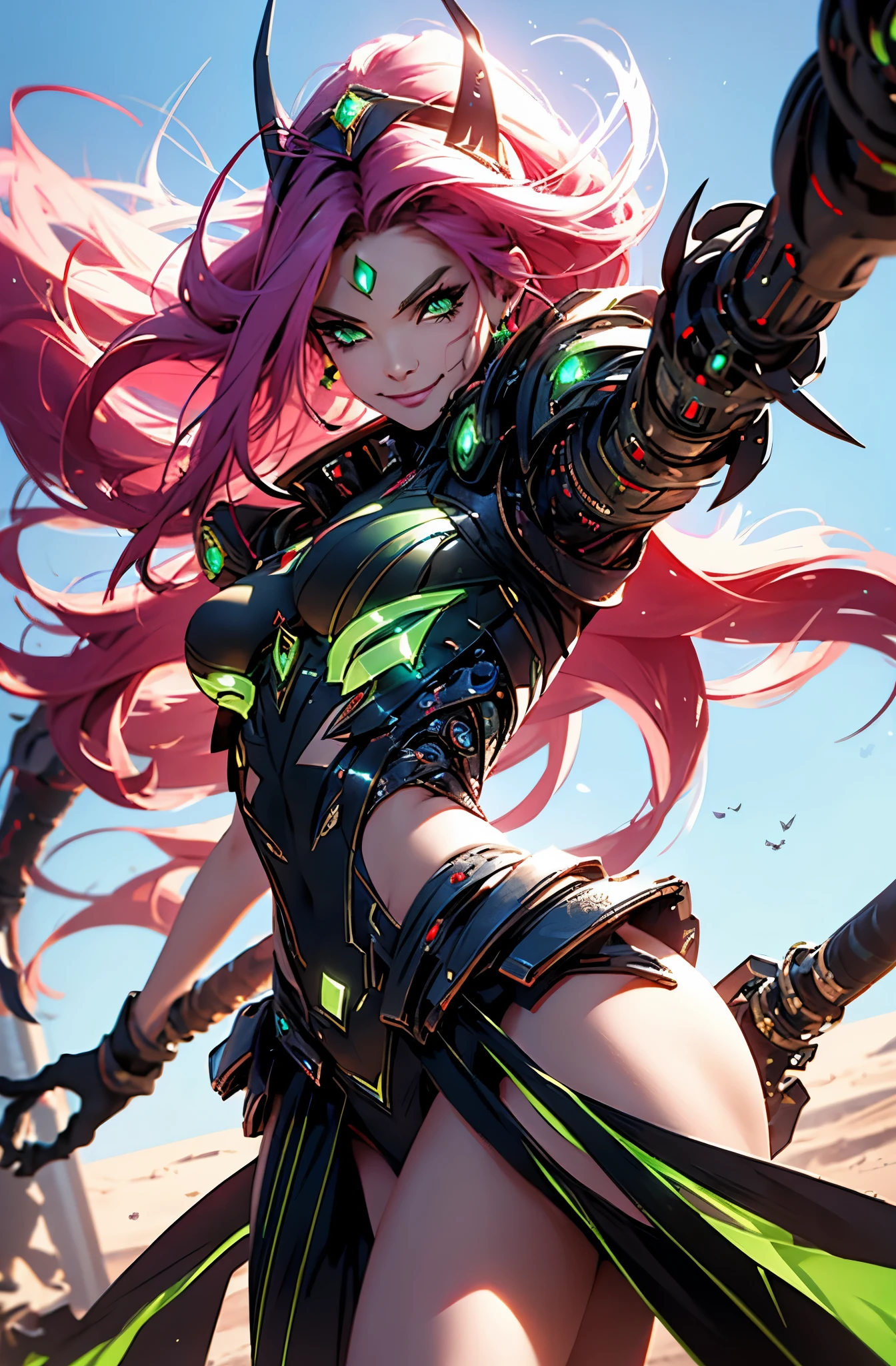 cybernetic witch princess of mars, devious smile, emerald green eyes, fierce stance ready to fight