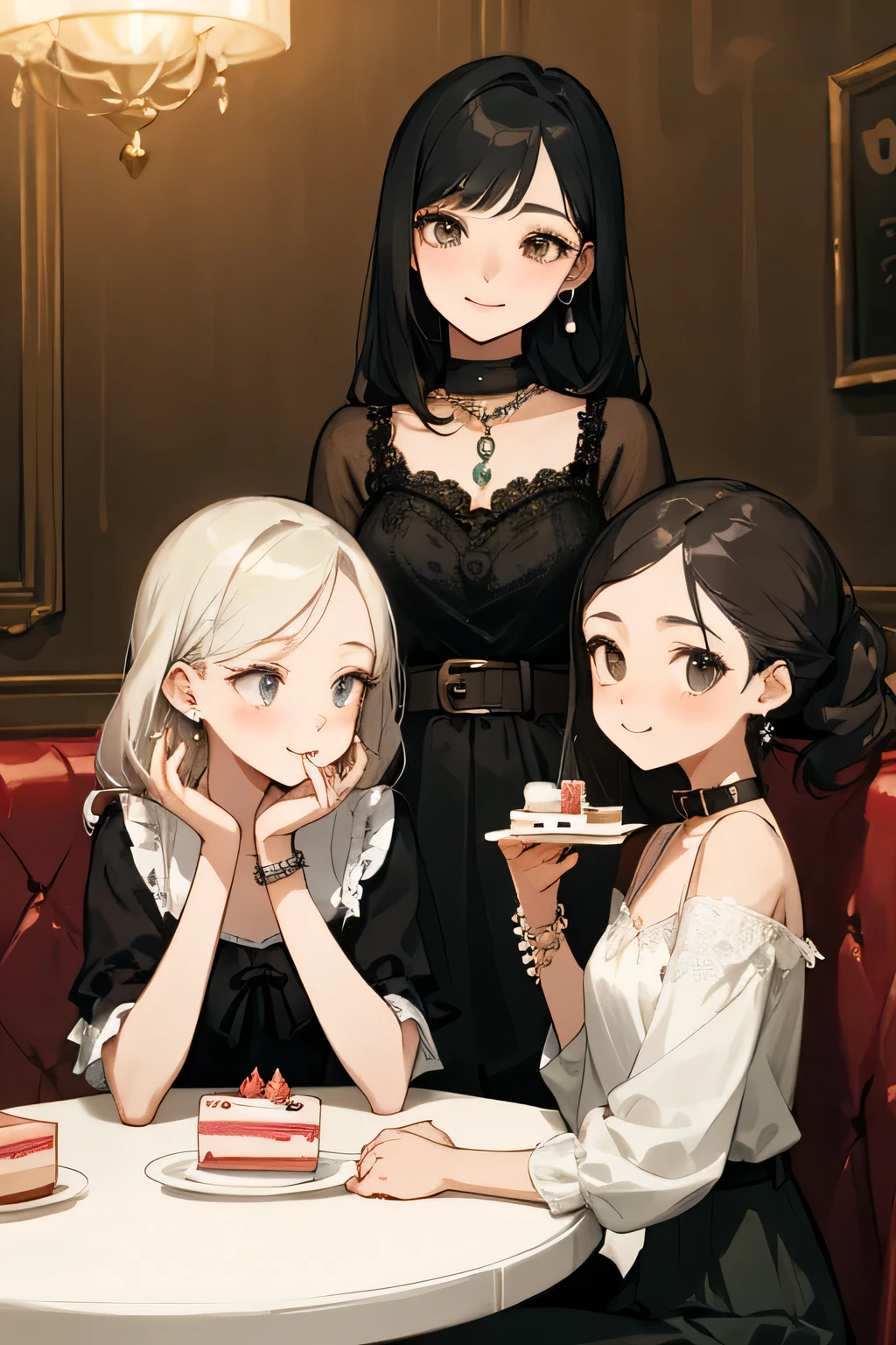 highest quality、High resolution、detailed background、Beautiful and dense face、beautiful and smooth skin、skin texture、cute10代の美少女、(three women)、realistic:1.2、perfect body line、black hair braided ponytail、Calm atmosphere、
happy look、smile、laughter、sexual expression、Upper body、Tea time at the cafe、(Three beautiful girls enjoy cakes and sweets while chatting in a cute cafe.:1.5)、
Choose white or pastel colors for lace tops and flared skirts..、sandals or heels、
If the lace top is transparent, You can wear it elegantly even when layered with an inner camisole..、
Choose a lace blouse in a soft color and add feminine movement with a pleated skirt.、
Adding lace to the sleeves and collar of the blouse makes it even more cute.、
Choose a colorful lace camisole、Add elegance with a midi skirt、cute、Simple and elegant pearl earrings、delicate chain necklace、
A watch that gives an elegant and sophisticated impression、It is a good idea to choose a design that matches your taste and clothing..、leather belt, metal belt、
A simple bracelet that looks great on your wrist、Thin chain and simple design、thin ring on fingertip、Pay attention to proper balance and layering、cute