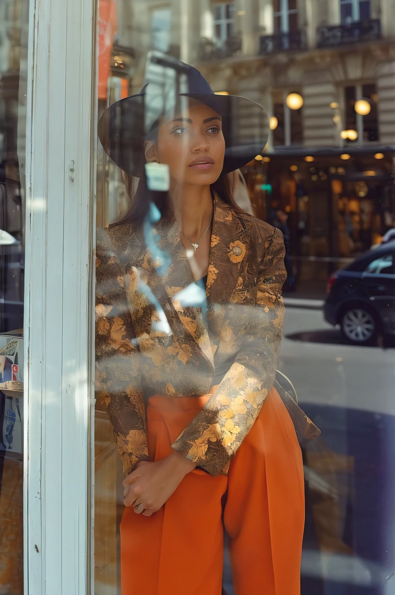 (best quality, masterpiece, ultra-detailed, 32k:1.2), fashion photography by the sartorialist, candid street shot, paris, stylish female model standing outside a store, her reflections can be seen on the store windows, afternoon, vibrant, natural light