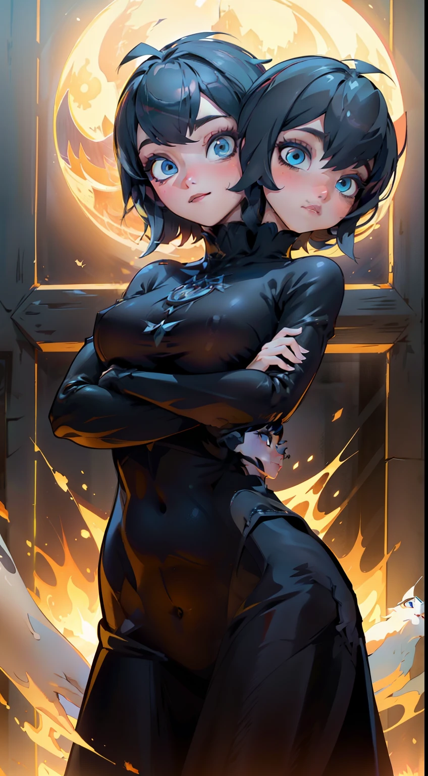 Elsa-Mavis Fusion, melting, Mesclando modelos, Roupas da Mavis, cabelos brancos, particuls, Hotel Transylvania, 1girl, Beautiful, (master part:1.2), (melhor qualidade:1.2), ((pose de luta)), ((campo de batalha)), cinemactic, olhos perfeitos, pele perfeita, perfect lighting, sorrir, luz, cor, pele texturizada, detalhe, Beleza, maravilha, ultra-detalhado, rosto perfeito, (two heads)