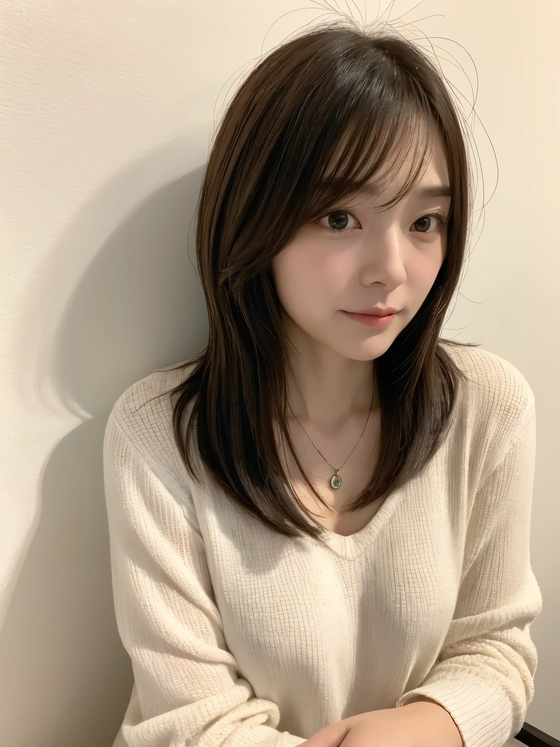 (very realistic pictures, High resolution, detailed face, fine eyes), ((Taken in front of a white wall))、japanese woman, 40 years old, various expressions, alone:1, slim body shape, various hairstyles, casual clothes, Only one person is in the photo、long sleeve dress、Photographed in natural light、simple necklace、spring clothes、Don'don't look at the camera、profile、dark brown hair color、bob hair、Hands are not visible、Photographed indoors、warm fluorescent lights、((single eyelid))、real face、old-fashioned face、beauty salon