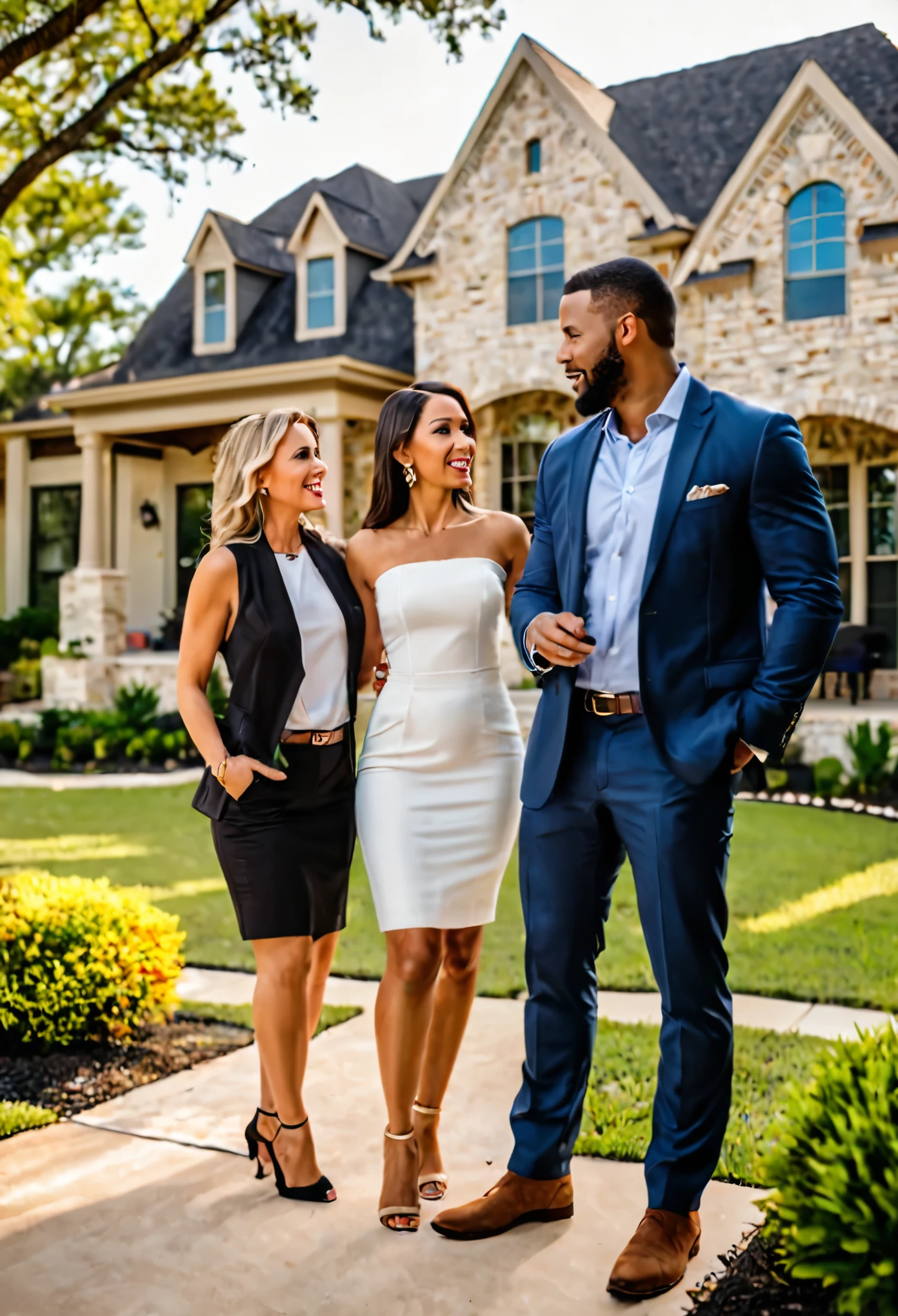 A gorgeous woman and handsome man talk with a gorgeous realtor about their options for buying the beautiful home outside the front of a nice North Texas home in the background, natural light, vivid colors, highly detailed, cinematic, bright dark colors, elaborate white style, trends on youtube, sharp focus, studio photo, intricate details, highly detailed, by Chris Maley