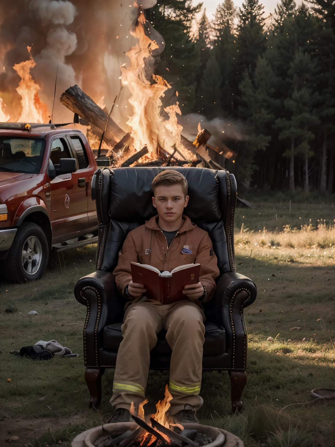 (Highest quality, 8k, masterpiece: 1.3), (good anatomy) (good face, beautiful face 1.0) sharp focus: 1.2, Realistic photos, short buzz cut blond hair, young boy man wearing 2000s youth clothes sitting in an old armchair, cushioned armchair, reading a book on fire, natural fire, bathed in the glow of a fire, with fire, well-spaced fire, dramatic lighting, macro photo, fire glow, devastating fire. natural fire, florest fire. forest background, truck red, red truck in the background, sunset, grass field at sunset.