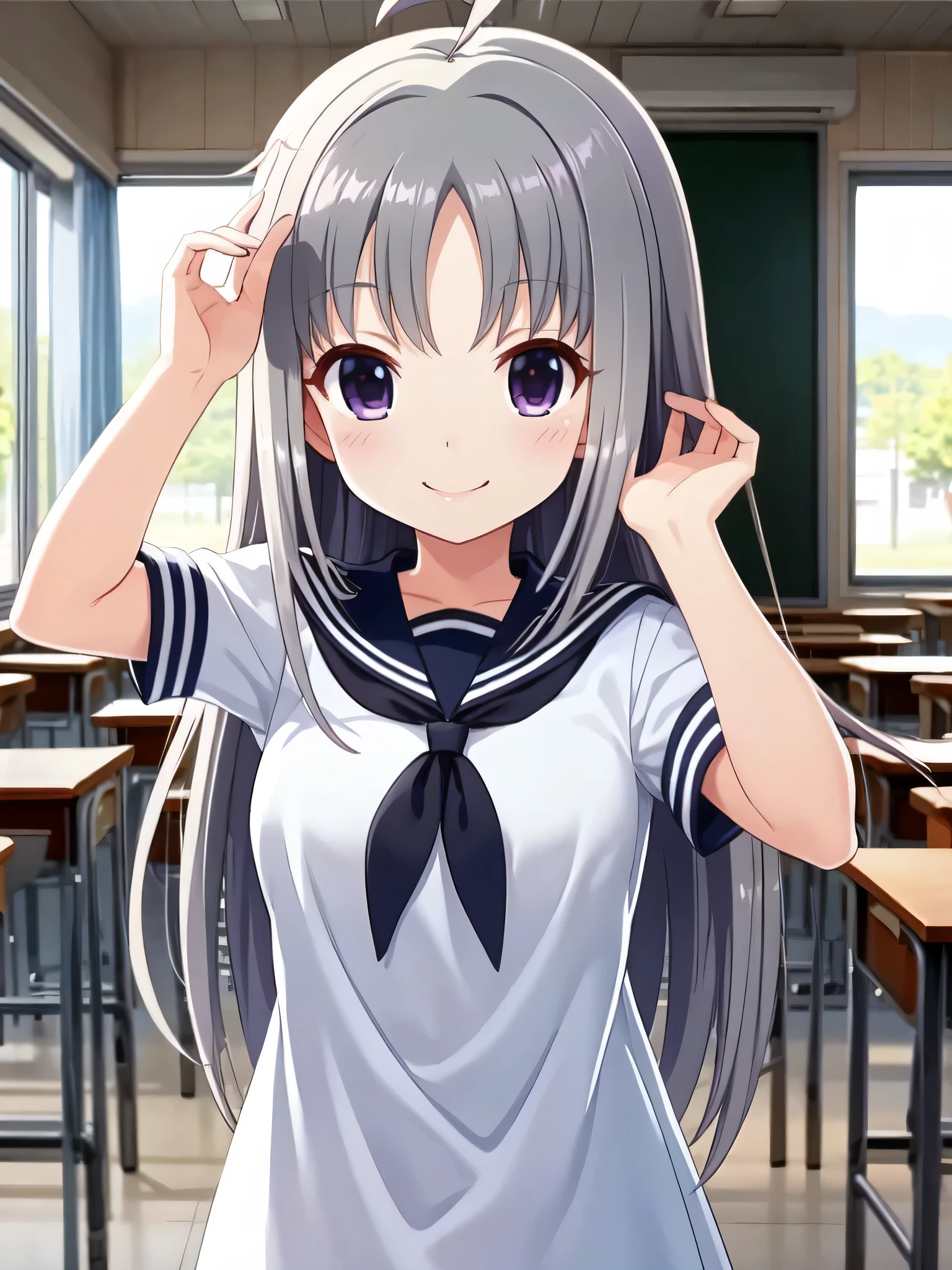 (masterpiece), ultra high resolution anime illustrations, perfect lighting, (perfect accurate anatomy:1.2), (nice hands, perfect hands), (kawaii:1.55), (detailed shiny big eyes:1.35), detailed background BREAK Kira Sayuri, Alternative Girls, grey hair, parted bangs, ahoge, purple eyes, breasts BREAK smile, sailor suit, school classroom, cowboy shot