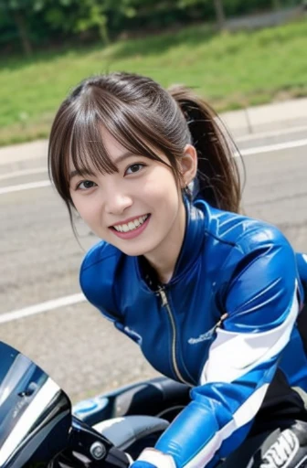 road, motorcycle, laughing, side ponytail, (A woman in a racing suit riding a racer replica motorcycle:1.1), japanese, aerial view