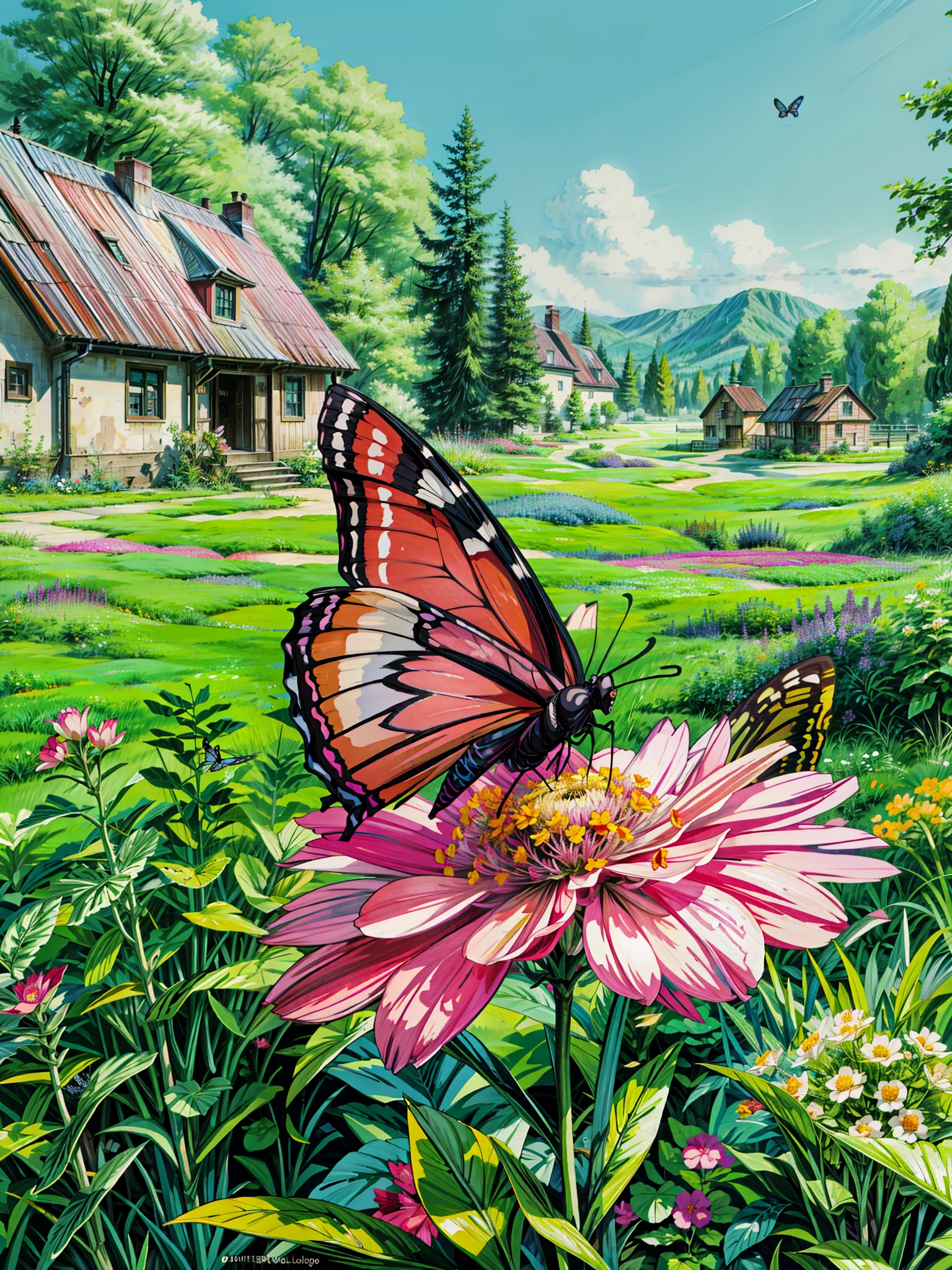 a butterfly sitting on top of a pink flower, monarch butterflies, in a cottagecore flower garden, cottagecore flower garden, flowers and butterflies, wings made out of flowers, painting of a mechanical butterfly, the empress’ swirling gardens, swarming in flowers, butterflies and birds, cottage hippie naturalist, butterflies flying, butterflies and worms, 4k hd,, beautiful art uhd 4 k, a beautiful artwork illustration, beautiful digital painting, highly detailed digital painting, beautiful digital artwork, detailed painting 4 k, very detailed digital painting, rich picturesque colors, gorgeous digital painting
