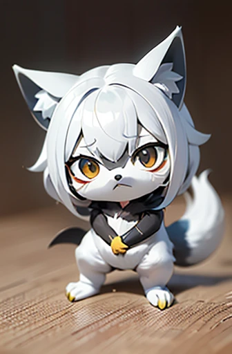 (((Animals,white monster, anime, Chibi))), (Sad face, Animals, fox head, wolf carcass, owl back wing, tail snake, four legs)