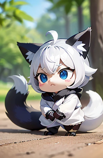 (((Animals,white monster, anime, Chibi))), (Sad face, Animals, fox head, wolf carcass, owl back wing, tail snake, four legs)