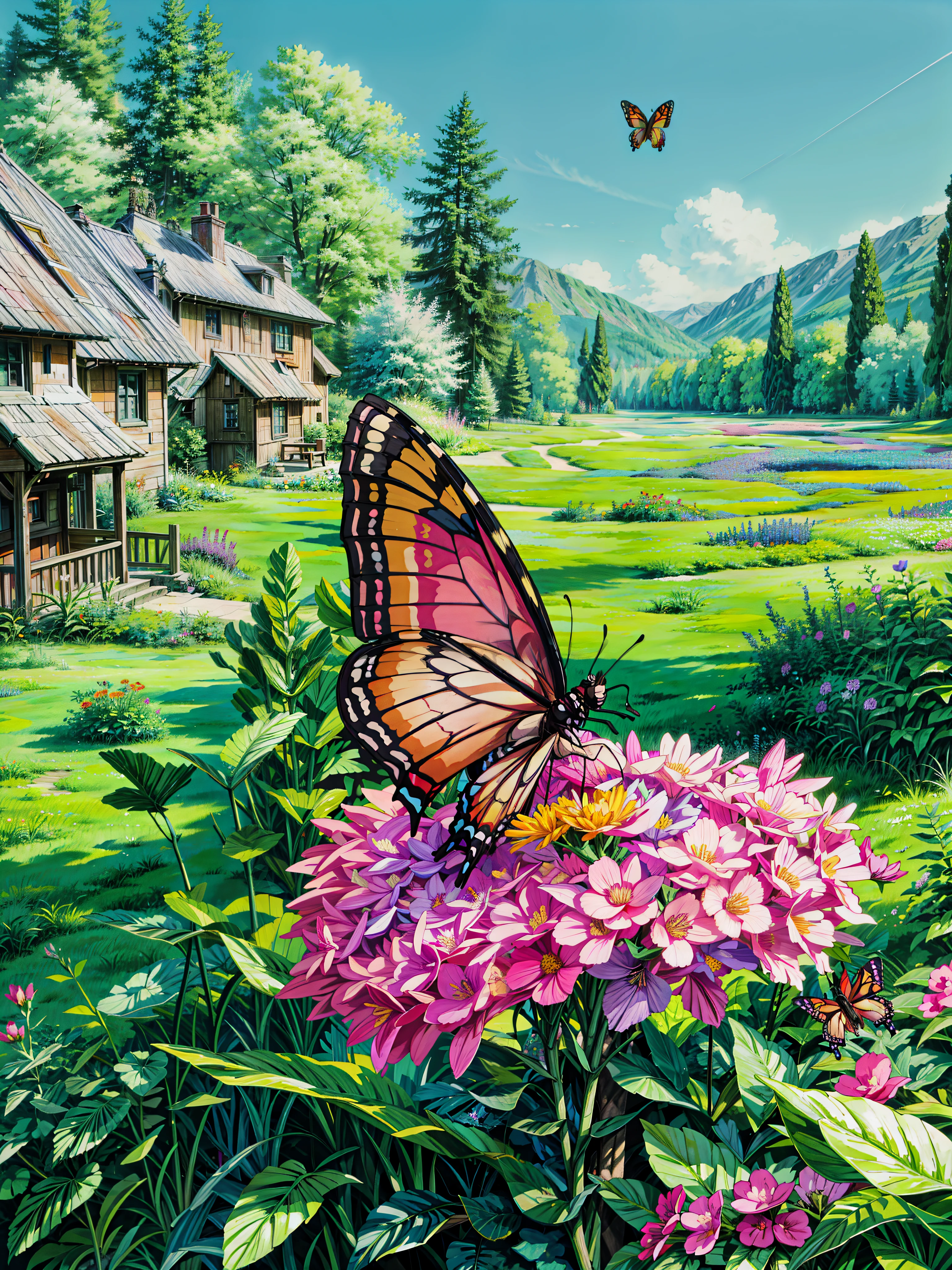a butterfly sitting on top of a pink flower, monarch butterflies, in a cottagecore flower garden, cottagecore flower garden, flowers and butterflies, wings made out of flowers, painting of a mechanical butterfly, the empress’ swirling gardens, swarming in flowers, butterflies and birds, cottage hippie naturalist, butterflies flying, butterflies and worms, 4k hd,, beautiful art uhd 4 k, a beautiful artwork illustration, beautiful digital painting, highly detailed digital painting, beautiful digital artwork, detailed painting 4 k, very detailed digital painting, rich picturesque colors, gorgeous digital painting