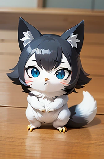 (((Animals,white monster, anime, Chibi))), (Sad face, Animals, fox head, wolf carcass, owl back wing, tail snake, four legs)