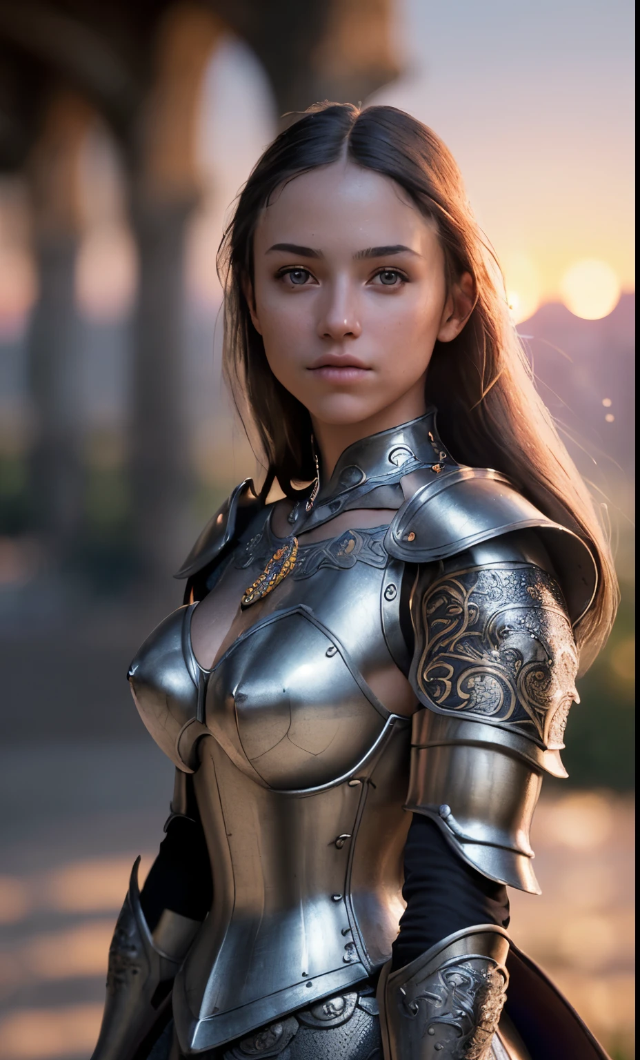 (masterpiece), (extremely intricate:1.3), (realistic), portrait of a girl, the most beautiful in the world, (medieval armor), metal reflections, upper body, outdoors, intense sunlight, far away castle, professional photograph of a stunning woman detailed, sharp focus, dramatic, award winning, cinematic lighting, octane render unreal engine, volumetrics dtx, (film grain, blurry background, blurry foreground, bokeh, depth of field, sunset, motion blur:1.3), chainmail