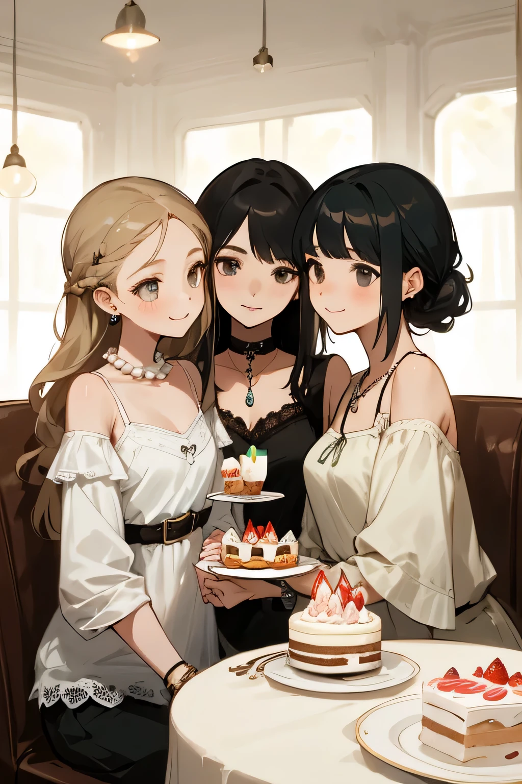 highest quality、High resolution、detailed background、Beautiful and dense face、beautiful and smooth skin、skin texture、cute10代の美少女、(three women)、realistic:1.2、perfect body line、black hair braided ponytail、Calm atmosphere、
happy look、smile、laughter、sexual expression、Upper body、Tea time at the cafe、(Three beautiful girls enjoy cakes and sweets while chatting in a cute cafe.:1.5)、
Choose white or pastel colors for lace tops and flared skirts..、sandals or heels、
If the lace top is transparent, You can wear it elegantly even when layered with an inner camisole..、
Choose a lace blouse in a soft color and add feminine movement with a pleated skirt.、
Adding lace to the sleeves and collar of the blouse makes it even more cute.、
Choose a colorful lace camisole、Add elegance with a midi skirt、cute、Simple and elegant pearl earrings、delicate chain necklace、
A watch that gives an elegant and sophisticated impression、It is a good idea to choose a design that matches your taste and clothing..、leather belt, metal belt、
A simple bracelet that looks great on your wrist、Thin chain and simple design、thin ring on fingertip、Pay attention to proper balance and layering、cute