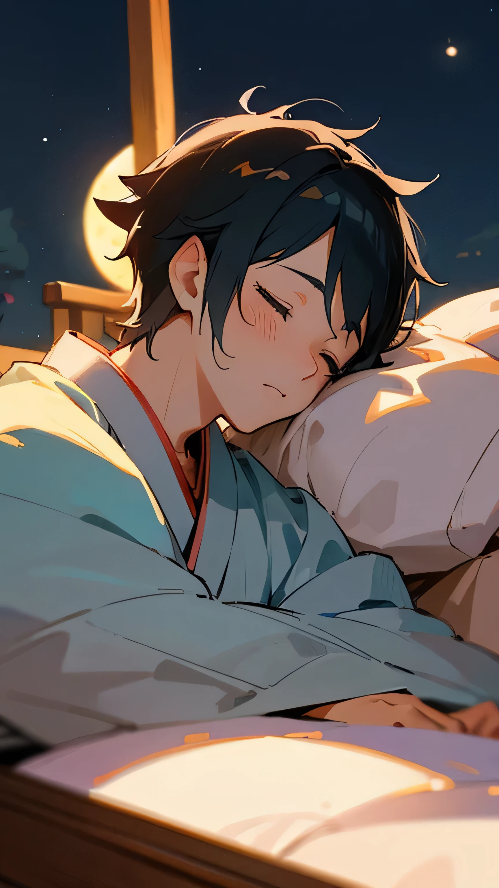anime style、pastel tones、samurai boy sleeping、close up face、landscape of folk tales、that'midnight、The moonlight is shining