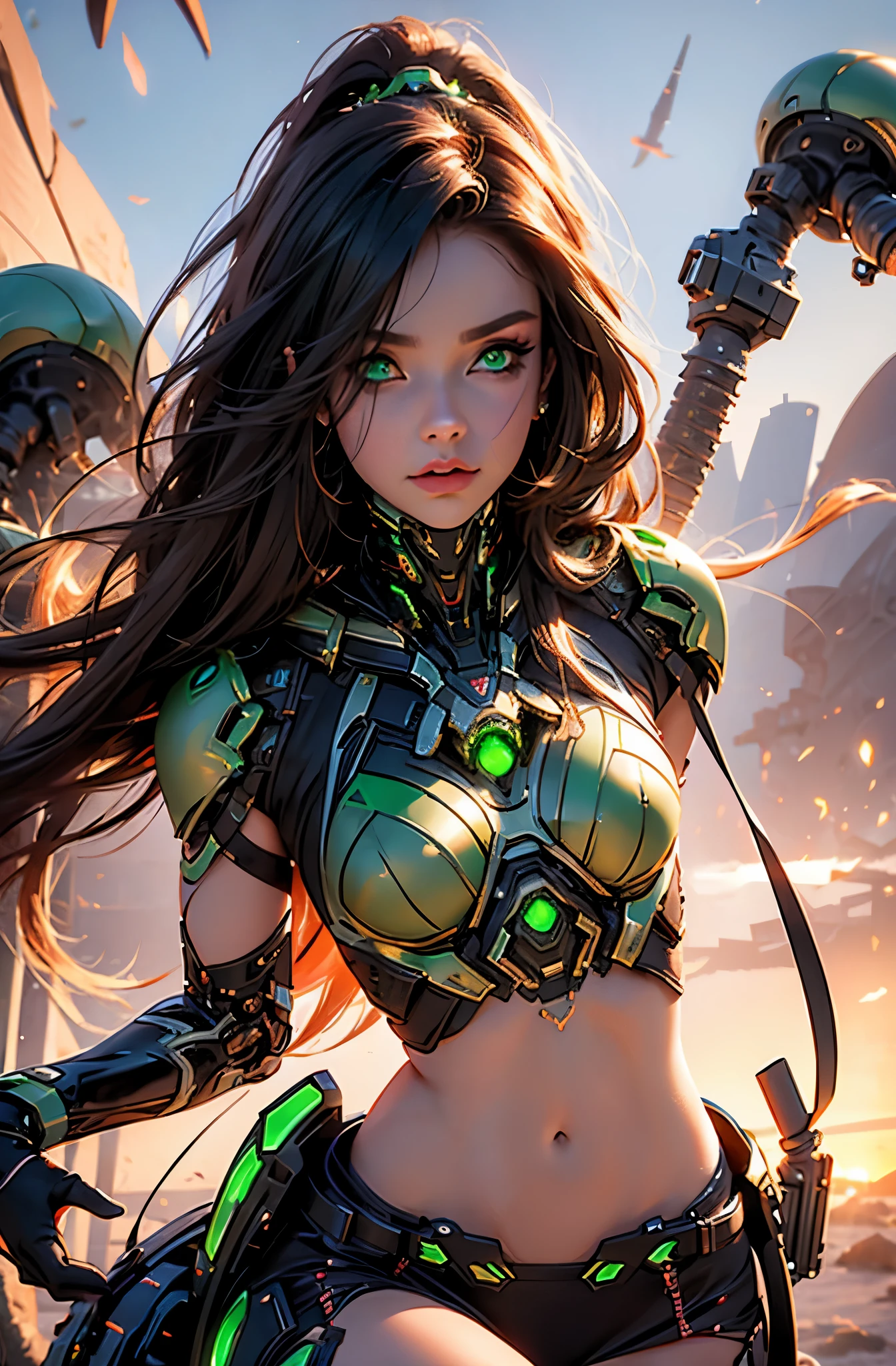 cybernetic princess of mars, emerald green eyes, hot, sunset