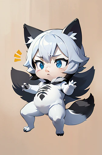 (((Animals,white monster, anime, Chibi))), (Sad face, Animals, fox head, wolf carcass, owl back wing, tail snake, four legs)